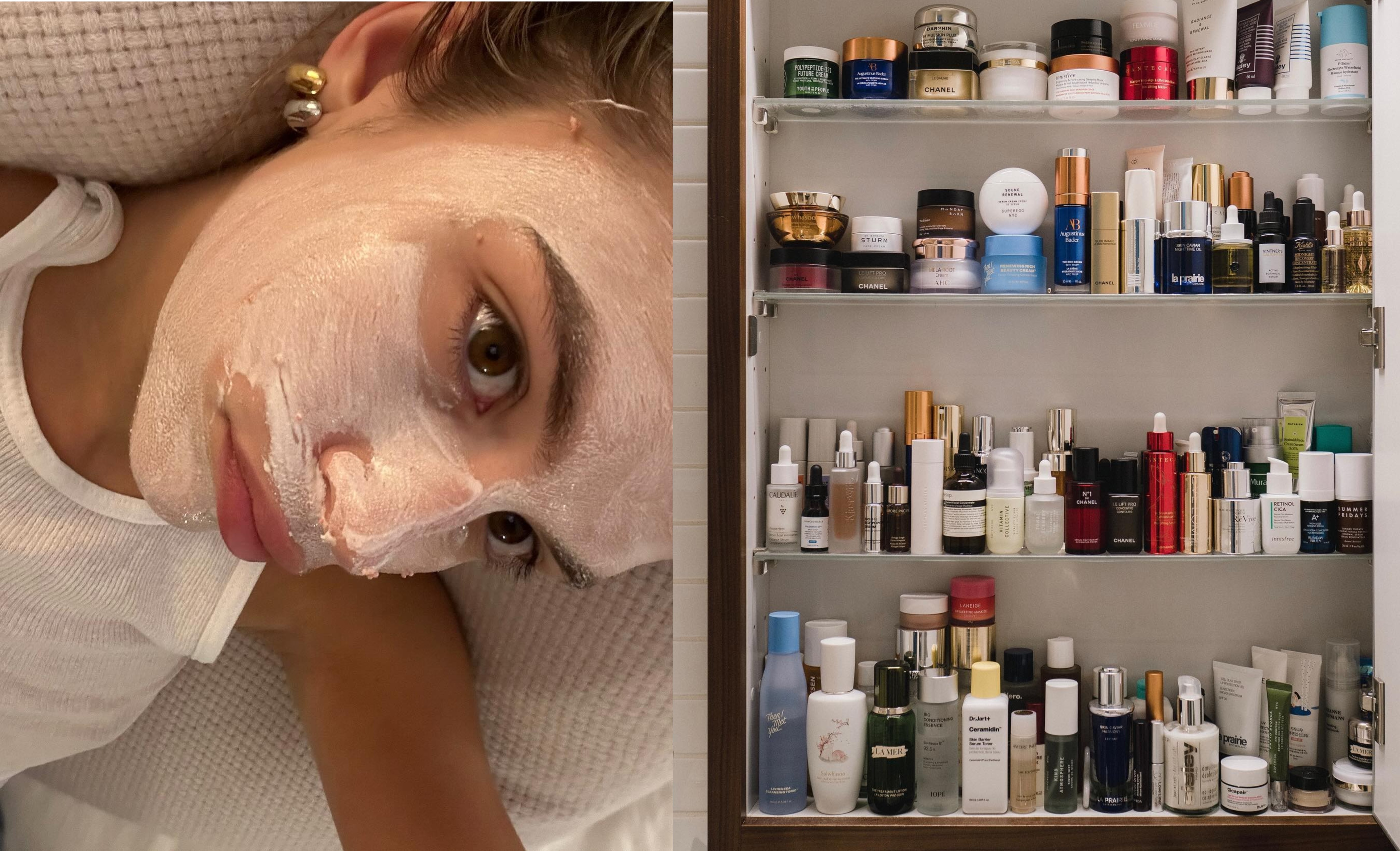 A woman wearing a face mask juxtaposed with a skincare cabinet