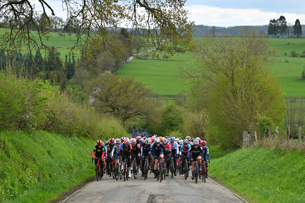 LIEGE BELGIUM APRIL 24 Elisa Longo Borghini of Italy Shirin van Anrooij of The Netherlands and Team Lidl Trek Alena Amialiusik of Belarus Mikayla Harvey of New Zealand and UAE Team ADQ Kata Blanka Vas of Hungary Mischa Bredewold of The Netherlands and Team SD Worx Protime Ricarda Bauernfeind of Germany and Team CanyonSRAM Racing Grace Brown of Australia and Team FDJ Suez Amanda Spratt of Australia and Team Lidl Trek and a general view of the peloton competing during the 8th Liege Bastogne Liege Femmes 2024 a 1529km one day race from Bastogne to Liege UCIWWT on April 24 2024 in Liege Belgium Photo by Luc ClaessenGetty Images