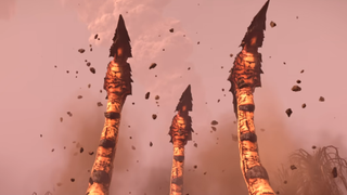 A Helldivers 2 Impaler rises from the ground, formed of three spiked tentacles