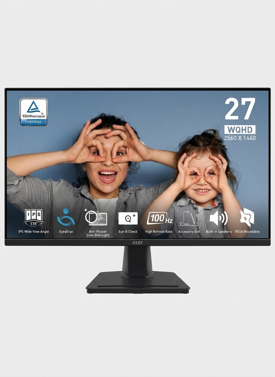 An MSI Pro MP275Q 27-inch 1440p gaming monitor on a grey background