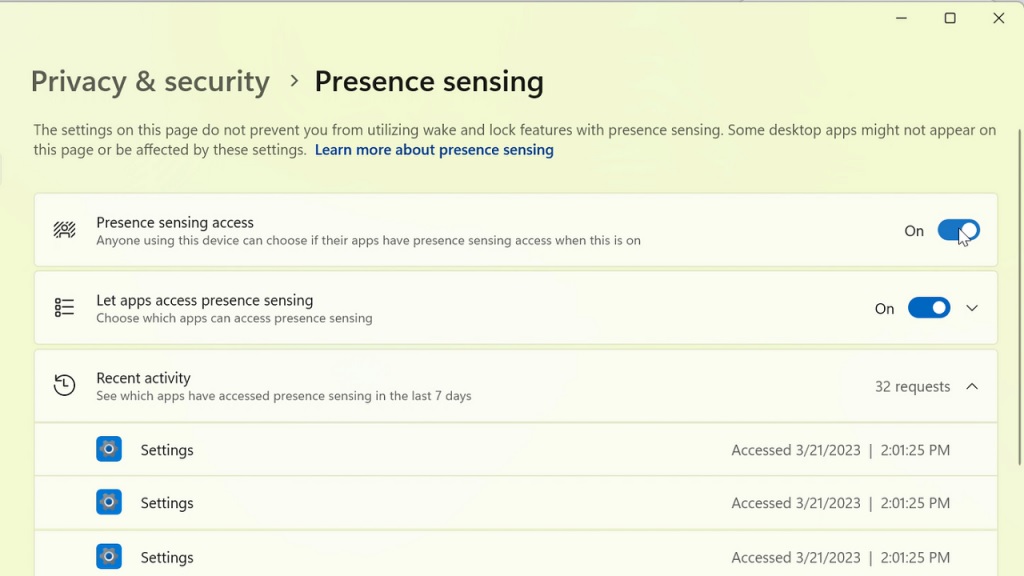 ein Screenshot der Windows 11 Presence Sensing in Beta
