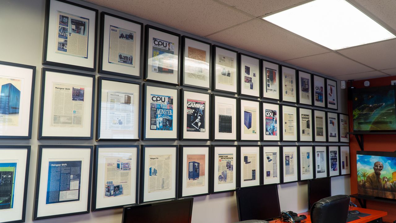 The wall of magazine clippings includes fellow Future outlets, like Maximum PC.