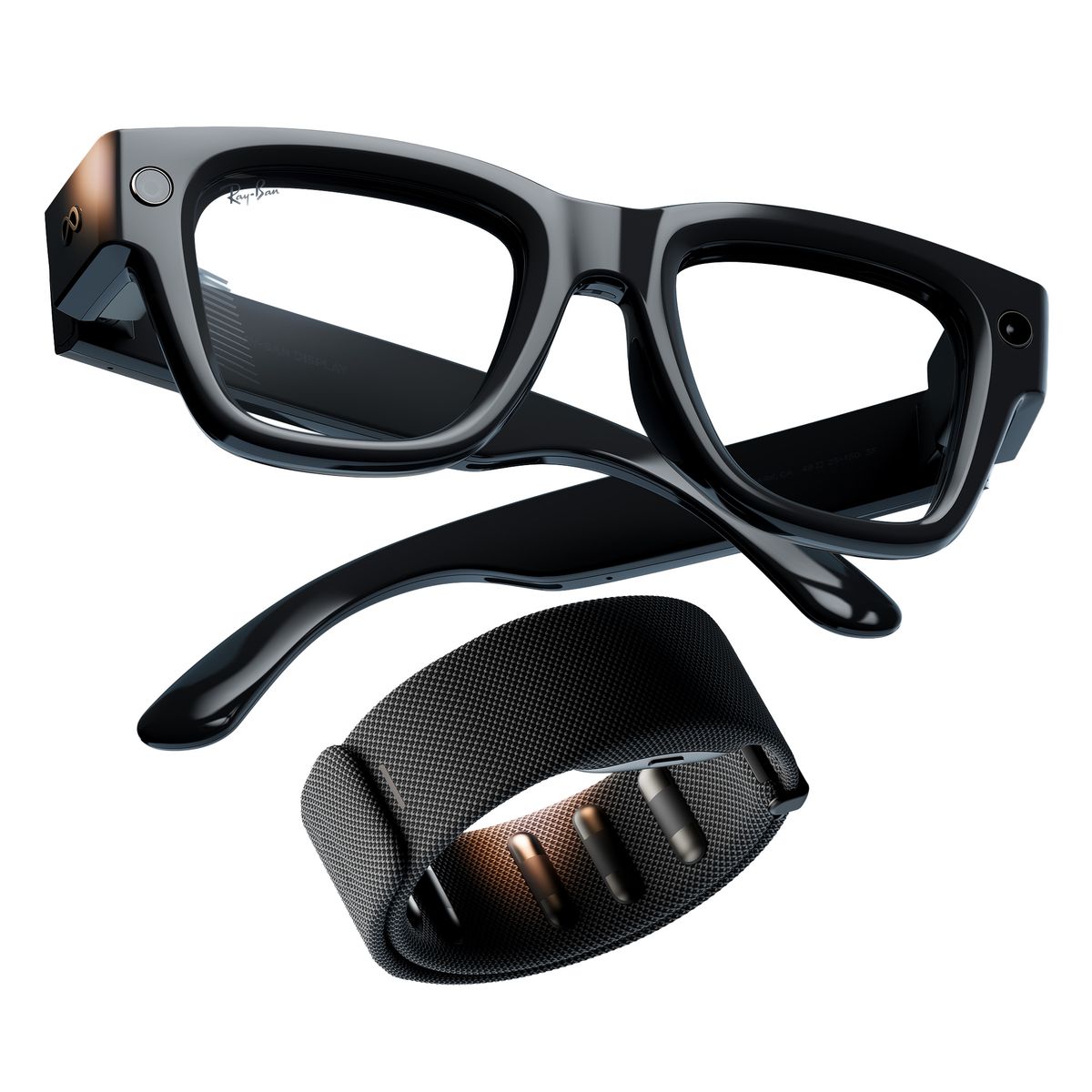 An official product render of Meta Ray-Ban Display Glasses and the neural gesture band