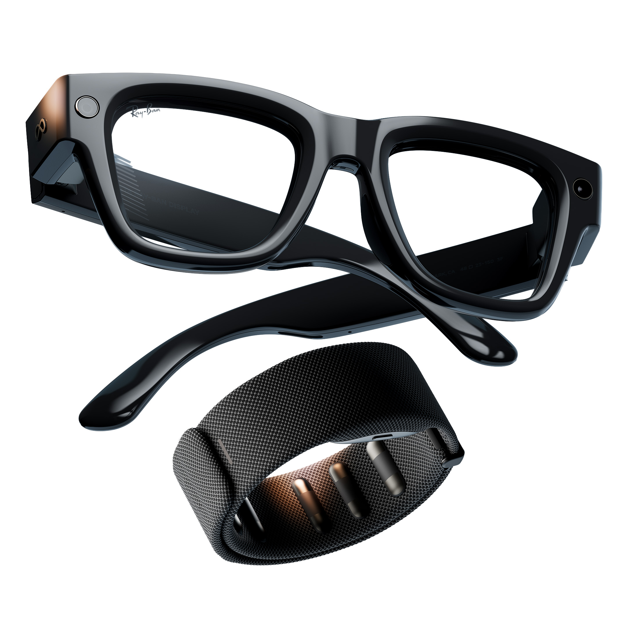 An official product render of Meta Ray-Ban Display Glasses and the neural gesture band