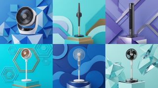 Collection of cooling fans on cool-colored geometric backgrounds