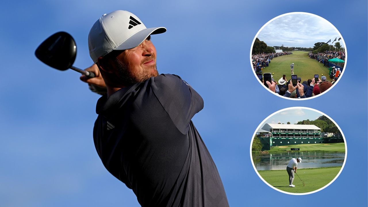 Richard Mansell hits a driver off the tee, with two circles showing two tournaments