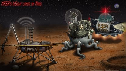 Political cartoon U.S. NASA InSight probe Mars immigration border patrol