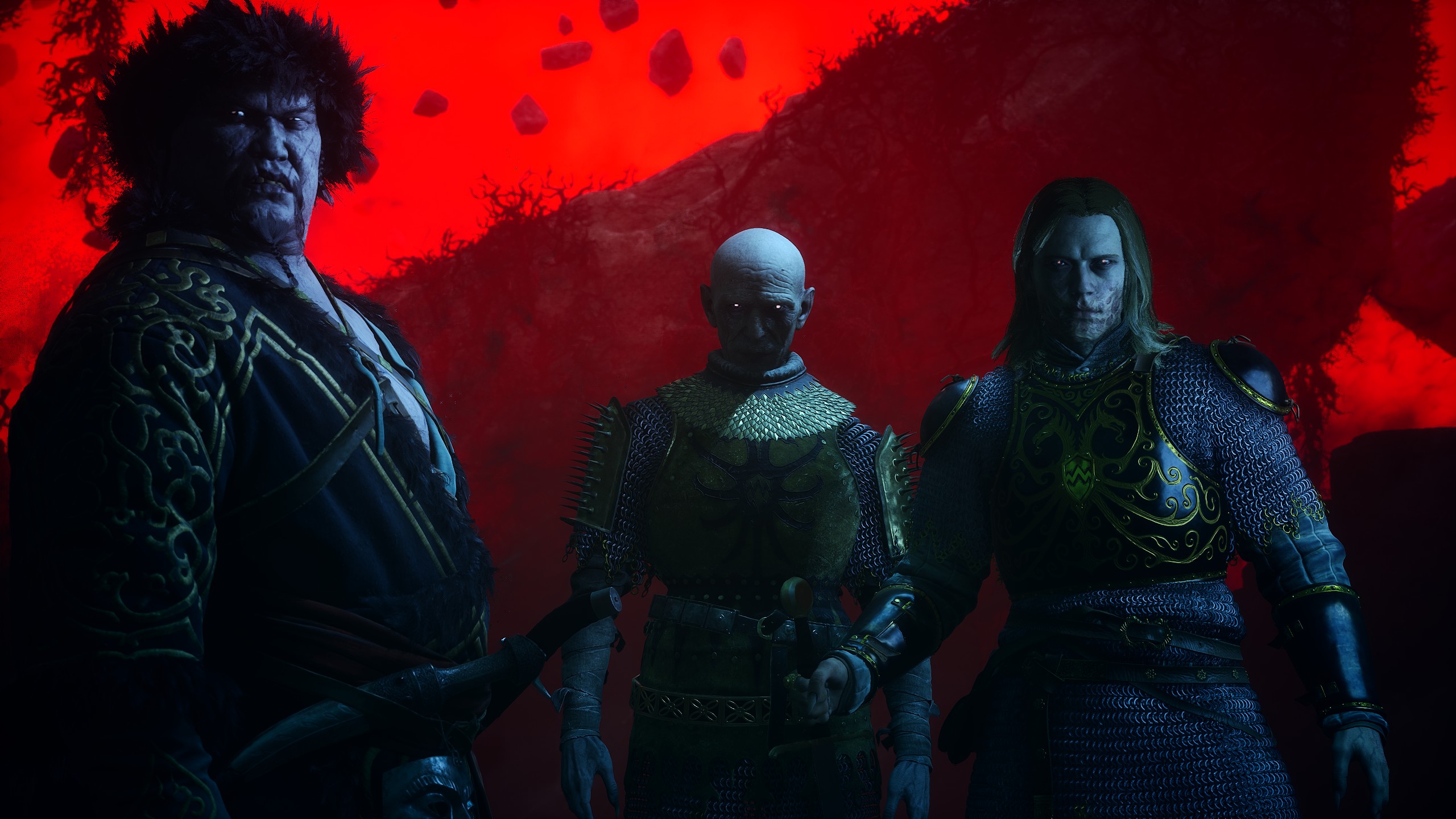 Vampires Brencis, Ambrus, and Bakir standing against a red sky and floating rocks in a memory of the trio beating Brencis' sire Isbrand