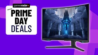 Samsung Odyssey Neo G7 gaming monitor with purple backdrop and GamesRadar Prime Day deals badge on left