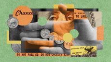 Photo collage of a hand holding coins and vintage Monopoly cards