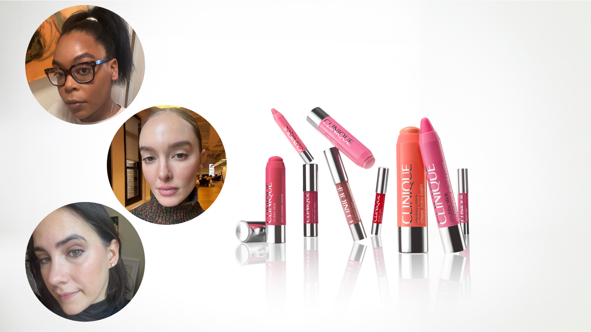 Headshots of Ariel Baker, Hannah Baxter, Julia Marzovilla next to a group shot of Clinique Chubby sticks.