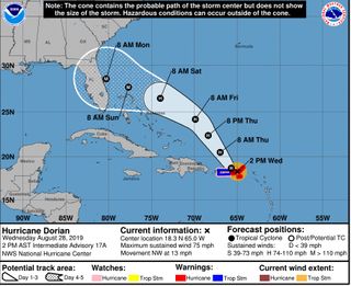 Tropical storm Dorian strengthened into a hurricane near St. Thomas in the U.S. Virgin Islands. It's traveling northwest and might hit Florida over the weekend.