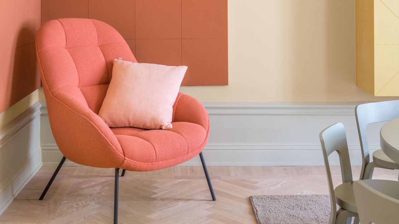 a colorful room with grey painted trim