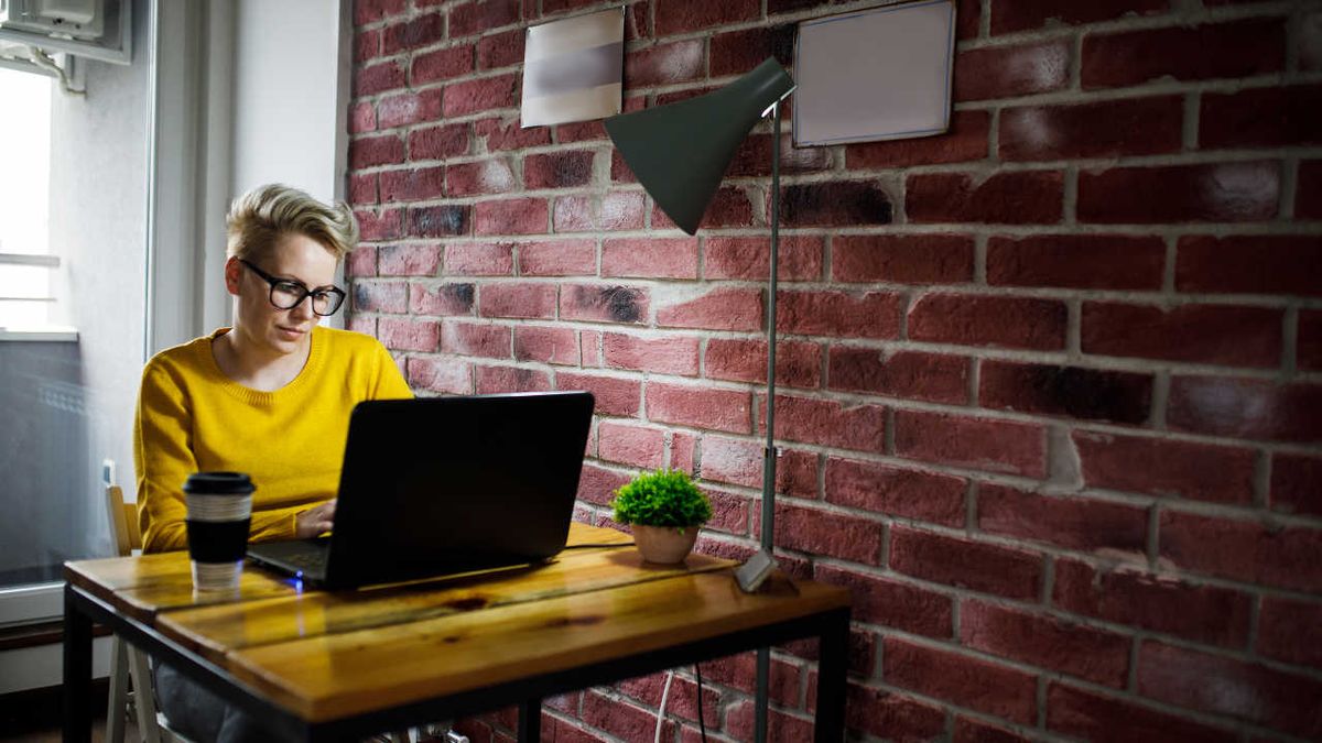 Woman working at the desk with laptop. 