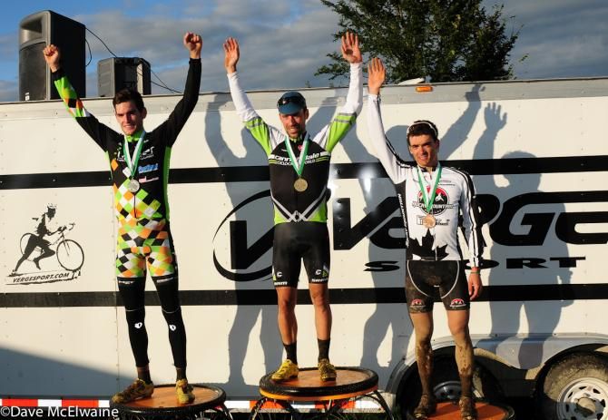 Men's Podium (L to R): Lukas Winterberg (Mueller Landscape/ BH Bikes) 2nd, Tim Johnson (Cannondale Cyclocross World/Pony Shop) 1st, Raphael Gagne (Rocky Mountain Factory) 3rd