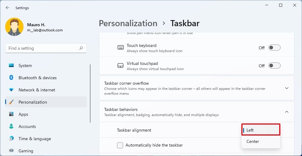 Taskbar alignment left