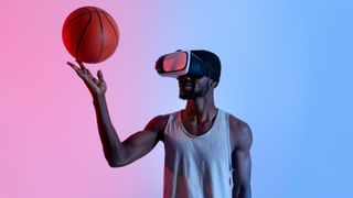 A basketballer playing with ball while wearing a virtual reality headset