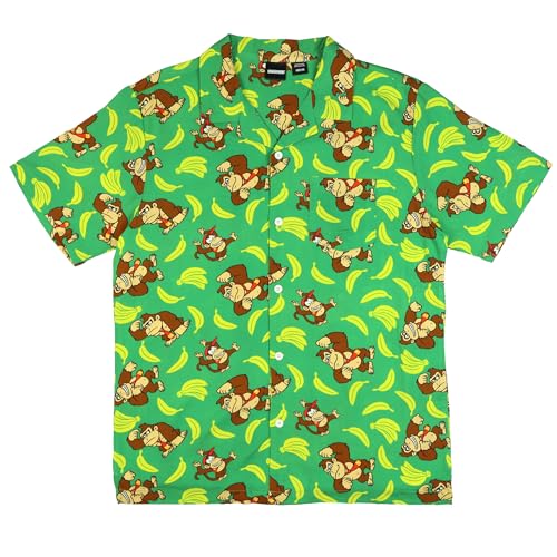 Nintendo Donkey Kong Hawaiian Shirt Men's Diddy Kong and Bananas Button Up Woven Top (medium)