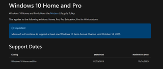 Screenshot che mostra la data di ritiro di Windows 10