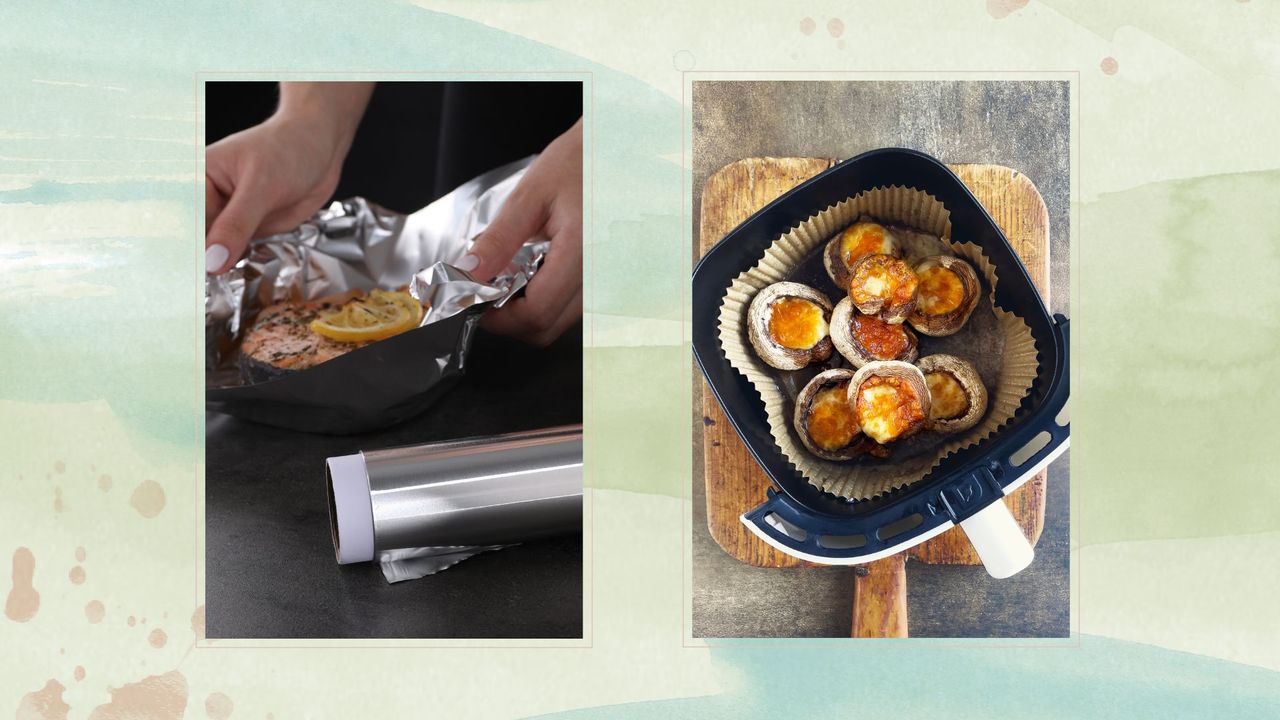  composite of food wrapped in foil and paper liner in air fryer drawer with mushrooms