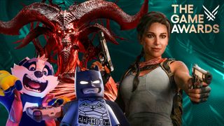 An image about The Game Awards 2025 showing a badger, LEGO Batman, Mephisto from Diablo 4, and Laura Craft.
