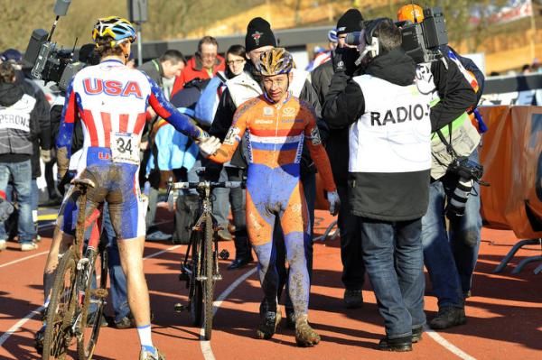 Lars Van Der Haar (Netherlands) is congratulated by the USA's Daniel Summerhill