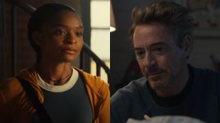 Riri Williams (Dominique Thorne) looks ahead on Ironheart, while Tony Stark (Robert Downey Jr.) looks at his daughter in Avengers: Endgame
