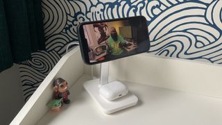 The Journey Rapid Trio 3-in-1 Wireless Charging Station on a bedside table