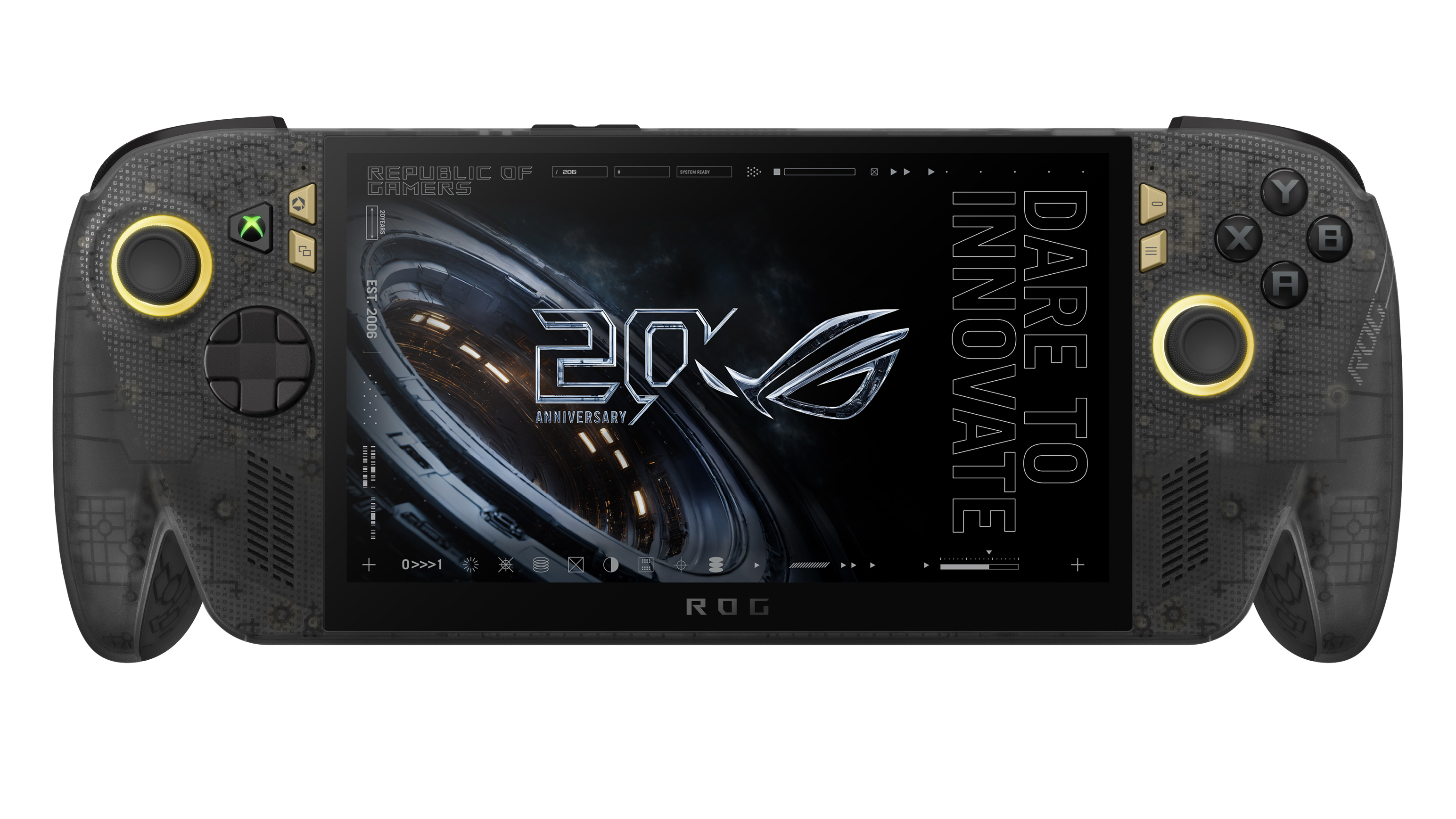 Direct front view of the translucent black ROG Xbox Ally X20 handheld gaming device displaying "20 ROG Anniversary" and "Dare to Innovate" on its screen.