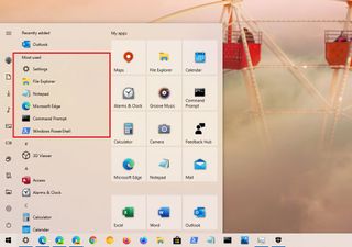 Start menu with most used apps list