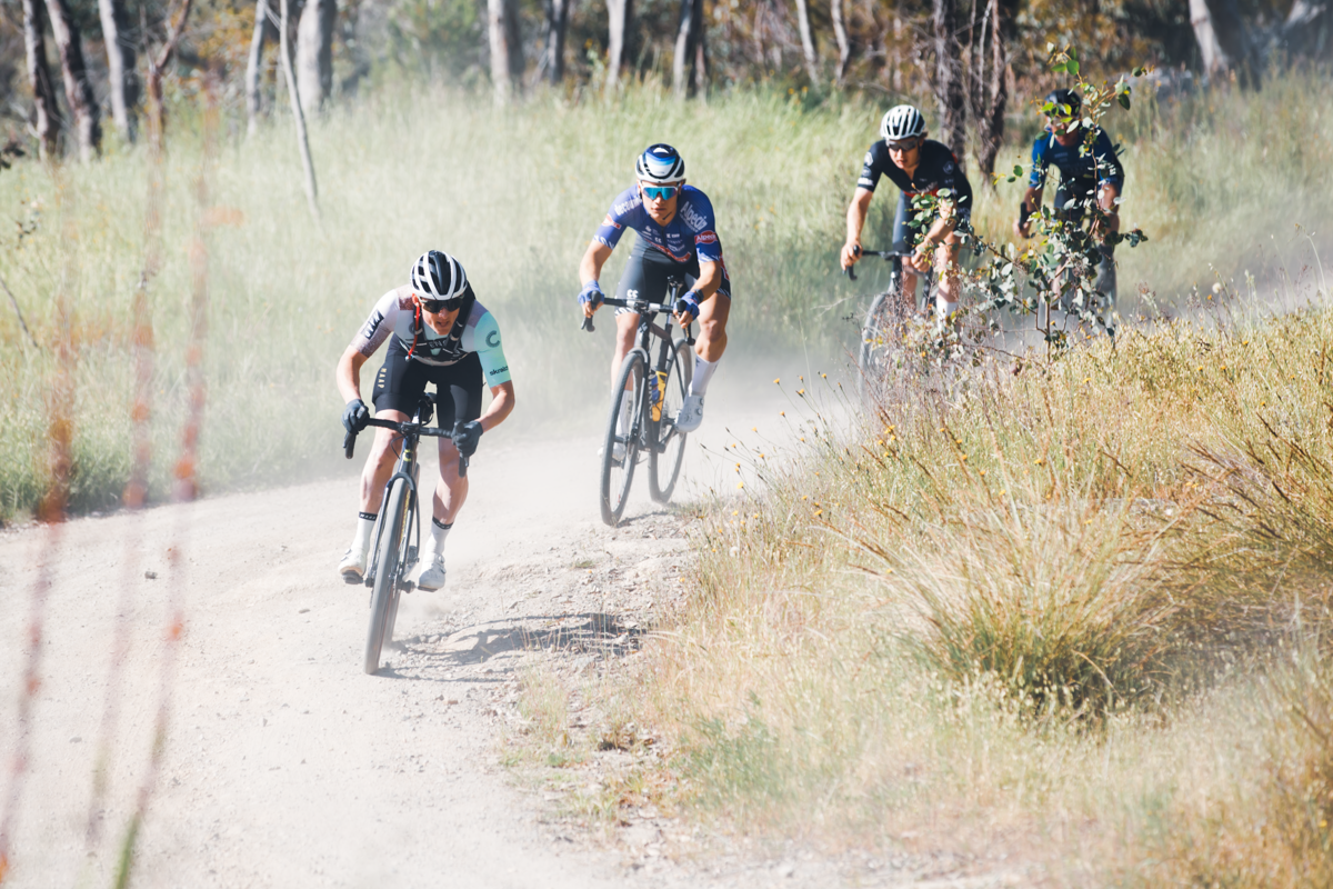 Garry Millburn and Jensen Plowright at the Gravelista round of the UCI Gravel World Series race in Beechworth, 2023