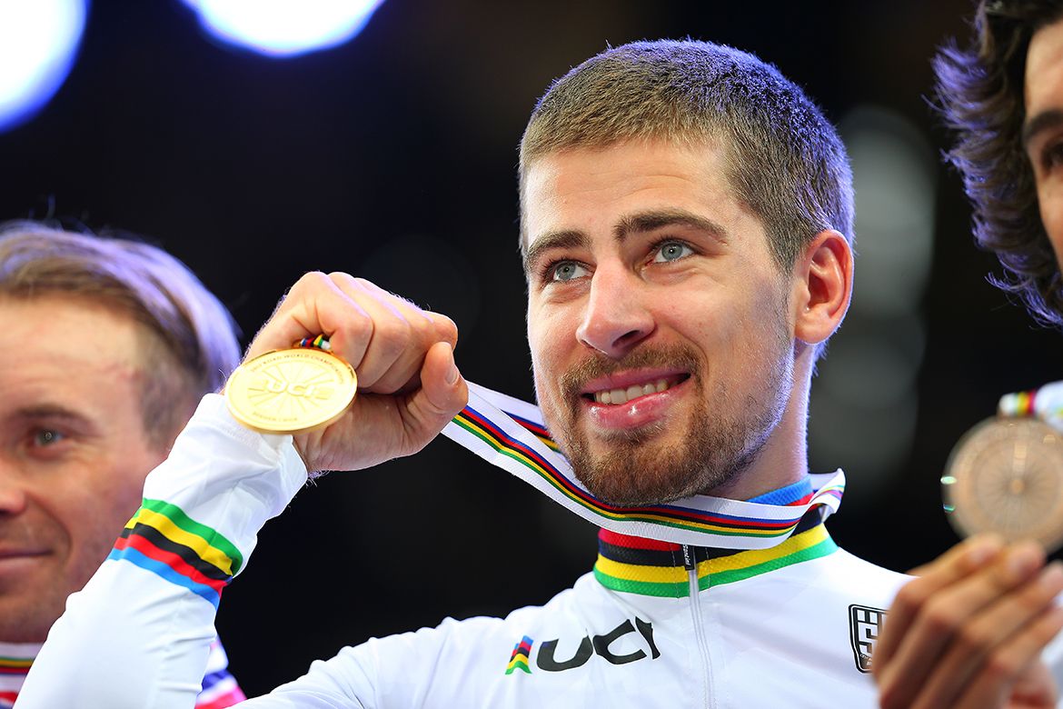 Peter Sagan celebrates his third rainbow jersey