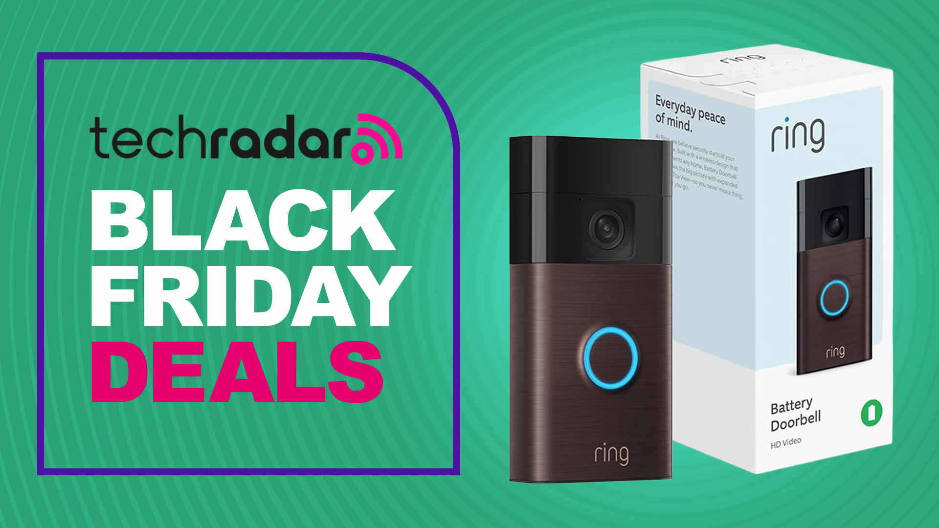 Ring video doorbell with box on green background with text reading &#039;TechRadar Black Friday Deals&#039;