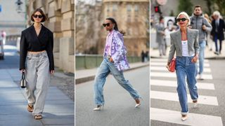 A composite of street style influencers showing how to wear baggy jeans and a blazer
