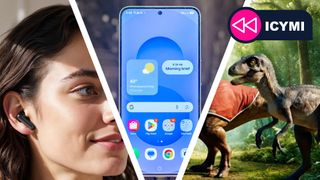 A woman wearing Anker earbuds next to an image of a Samsung phone, next to dinosaurs created using Google's Veo 3