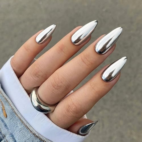 Qsnidy Chrome Press on Nails Almond, Metallic Sliver Mirrored Glue on Nails Medium Press Ons, Acrylic Natural Fit Stick on Nails in 12 Sizes - 24pcs Fake Nail Kit for Women Daily &amp;amp; Party Wear