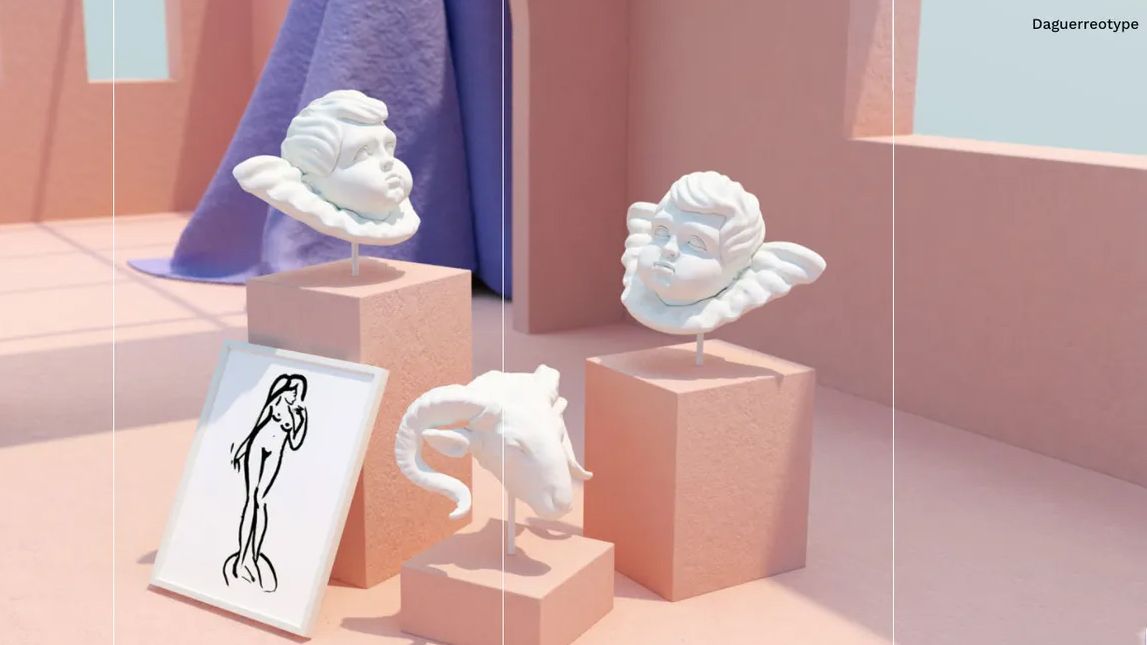 white objects on pink plinths