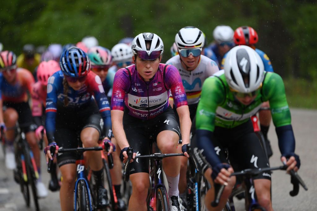 CANICOSA DE LA SIERRA SPAIN MAY 19 Demi Vollering of The Netherlands and Team SD Worx Protime Purple Leader Jersey competes during the 9th Vuelta a Burgos Feminas 2024 Stage 4 a 122km stage from Pearanda de Duero to Canicosa de la Sierra 1144m UCIWWT on May 19 2024 in Canicosa de la Sierra Spain Photo by Alex BroadwayGetty Images