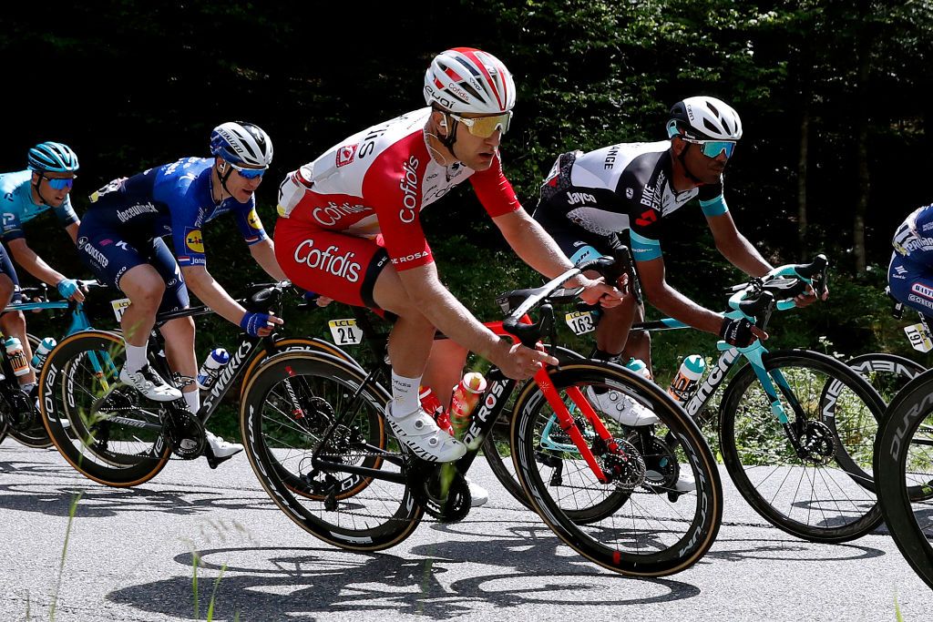 SAINT HAON LE VIEUXON FRANCE JUNE 01 Fabio Jakobsen of Netherlands and Team Deceuninck QuickStep Emmanuel Morin of France and Team Cofidis Tsgabu Gebremaryam Grmay of Ethiopia and Team BikeExchange during the 73rd Critrium du Dauphin 2021 Stage 3 a 1722km stage from Langeac to Saint Haon Le Vieuxon UCIworldtour Dauphin dauphine June 01 2021 in Saint Haon Le Vieuxon France Photo by Bas CzerwinskiGetty Images