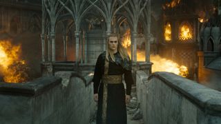 Annatar/Sauron walks through Eregion as it's attacked by Adar's forces in The Rings of Power season 2