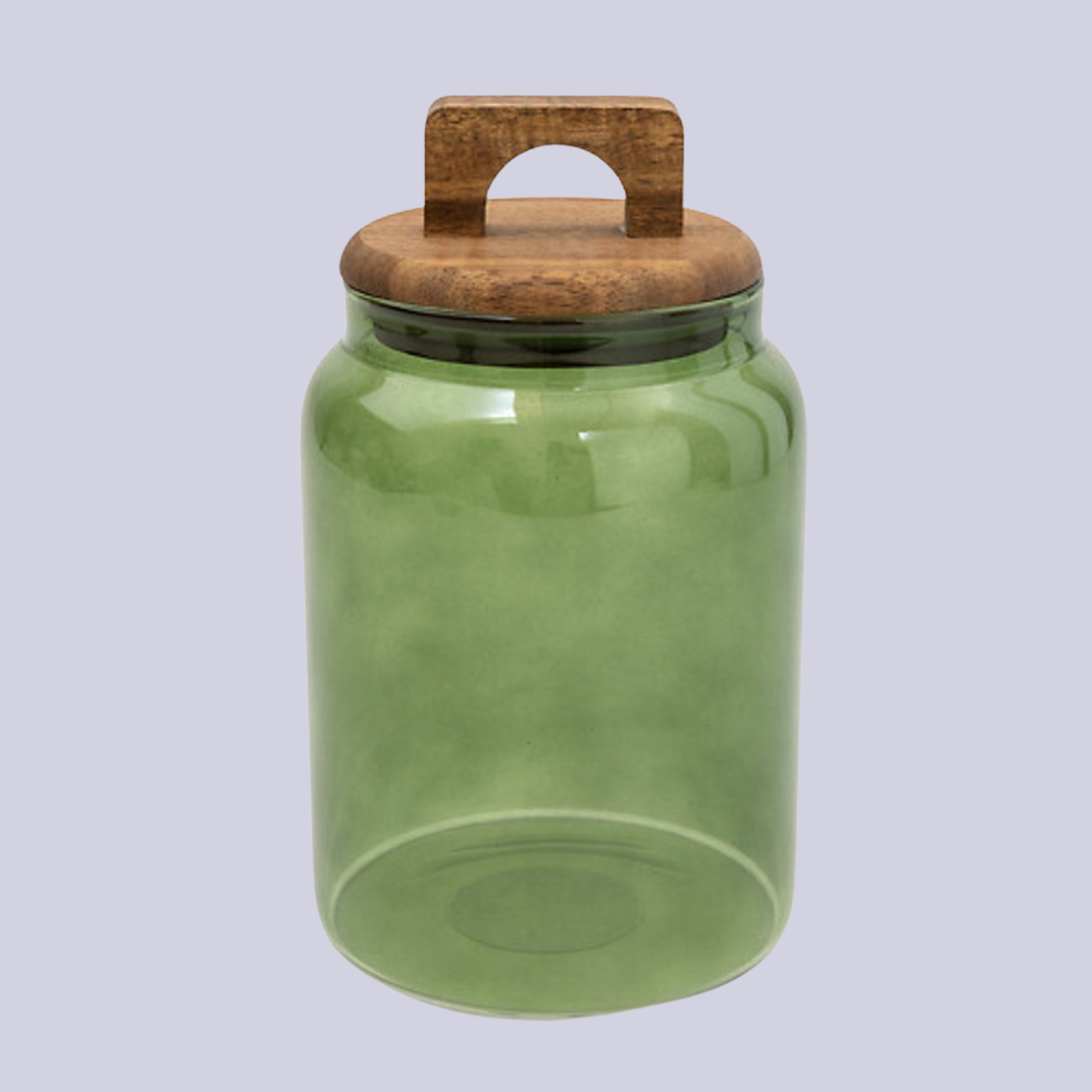 A green glass storage jar with a wooden lid