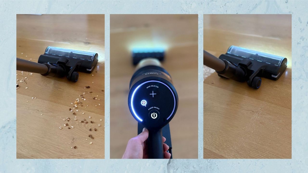 Three images of us testing the VAX HomePro Detect Pet Cordless Vacuum on a hardwood floor