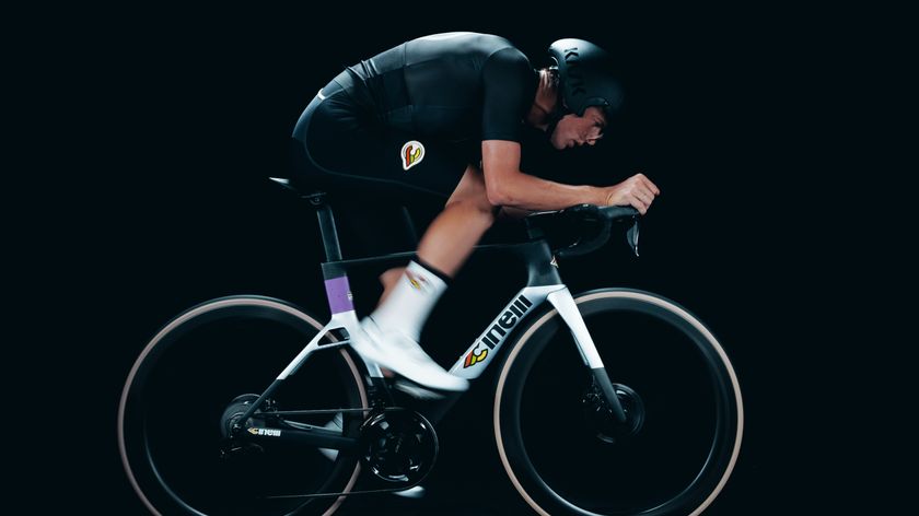 A man riding a Cinelli Aeroscoop aero bike 