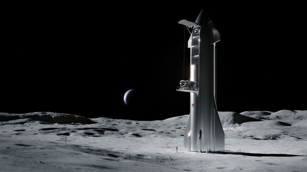 Artist&#039;s illustration of SpaceX&#039;s Starship on the moon.