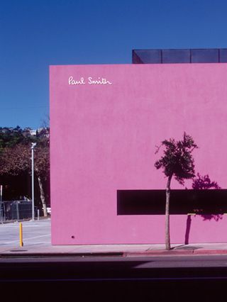 A pink building.