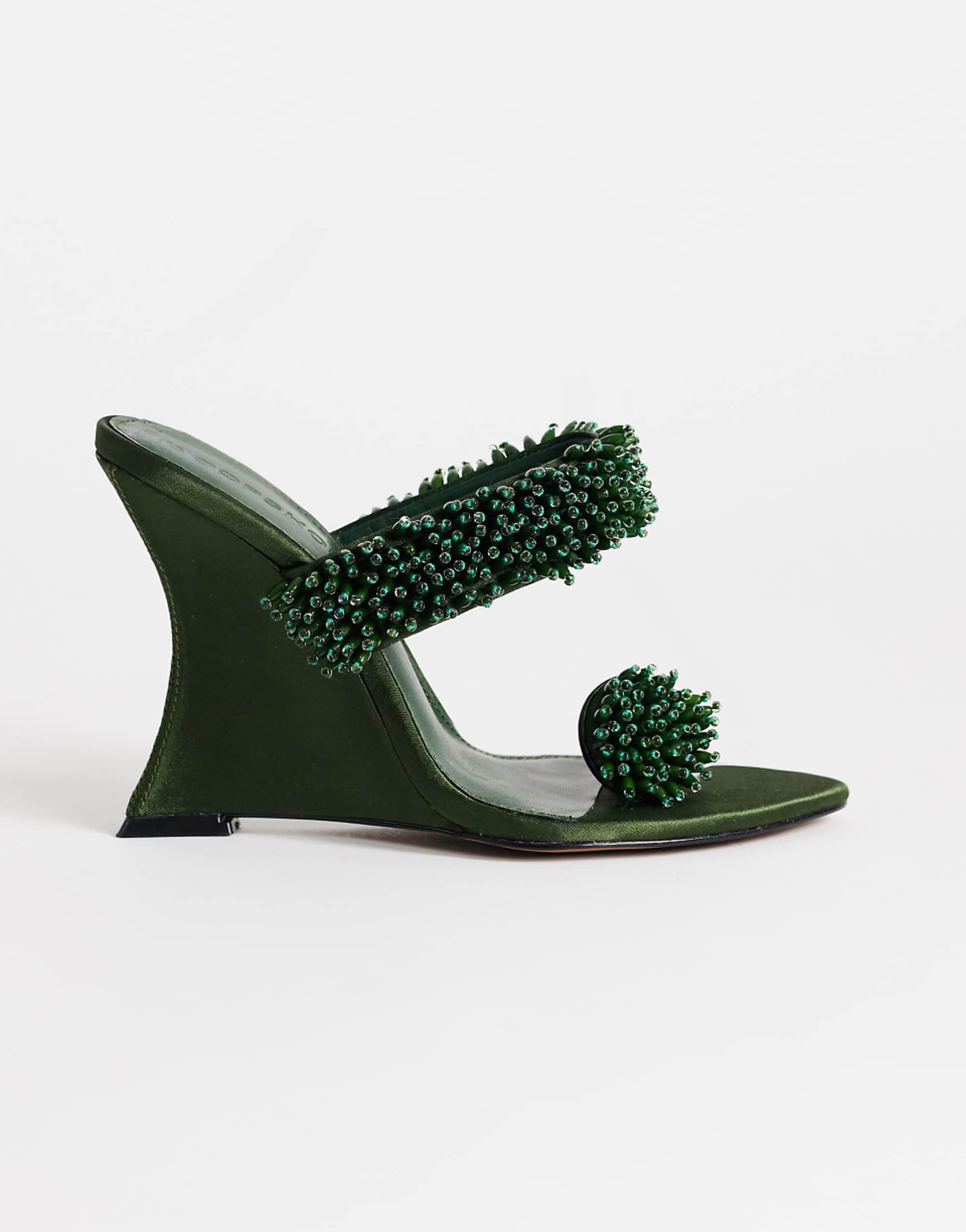Topshop Nico Wedge Mule With Embellishment in Olive Satin