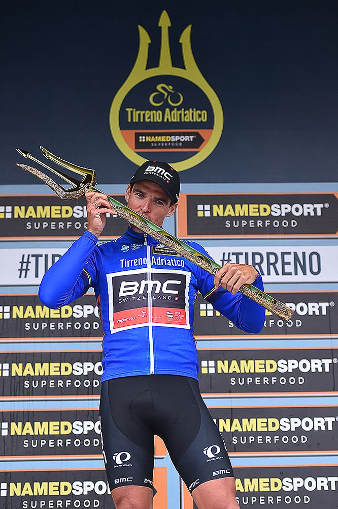 Greg van Avermaet with the Tirreno-Adriatico winner's trident
