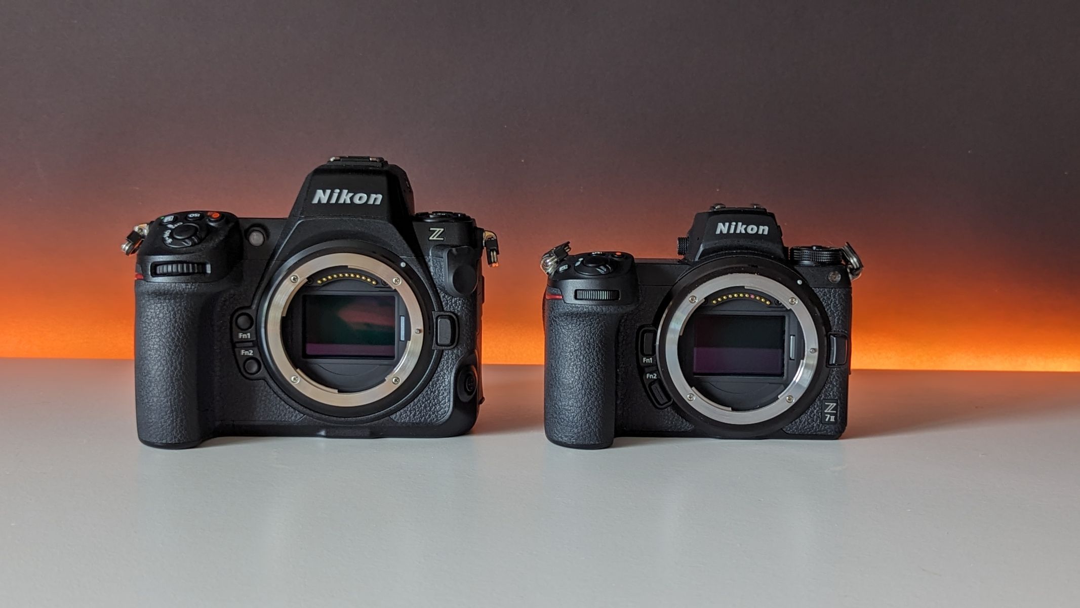 Nikon Z8 and Z7 II on a white table