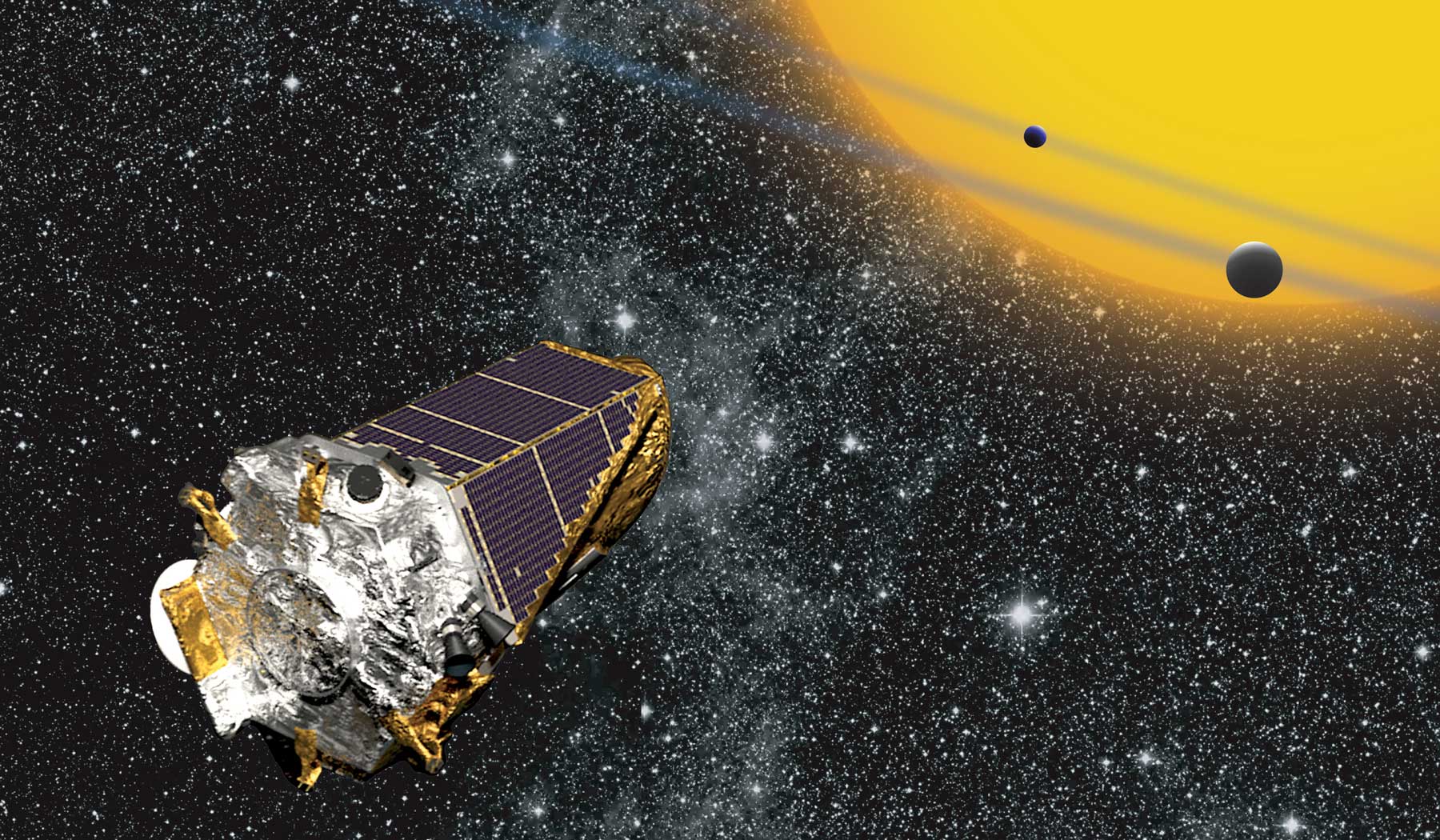 An artist&#039;s illustration of NASA&#039;s Kepler space telescope observing alien planets in deep space using the transit method. The space observatory has discovered more than 1,000 alien planets since its launch in March 2009. 