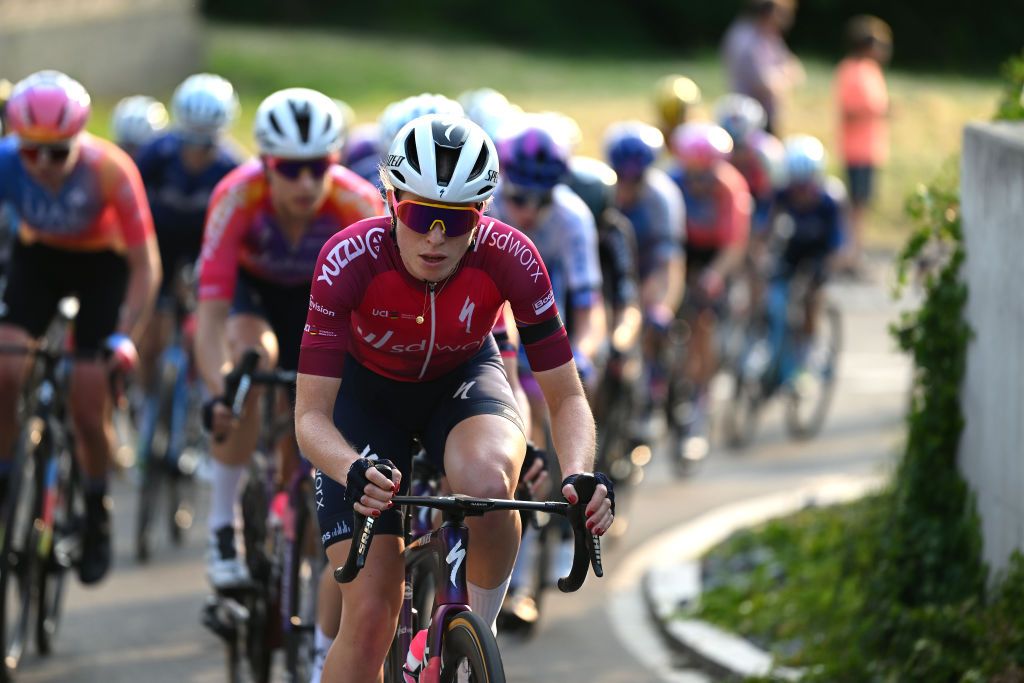 WEINFELDEN SWITZERLAND JUNE 17 Demi Vollering of The Netherlands and Team SD Worx leads the peloton during the 3rd Tour de Suisse Women 2023 Stage 1 a 56km stage from Weinfelden to Weinfelden UCIWWT on June 17 2023 in Weinfelden Switzerland Photo by Dario BelingheriGetty Images